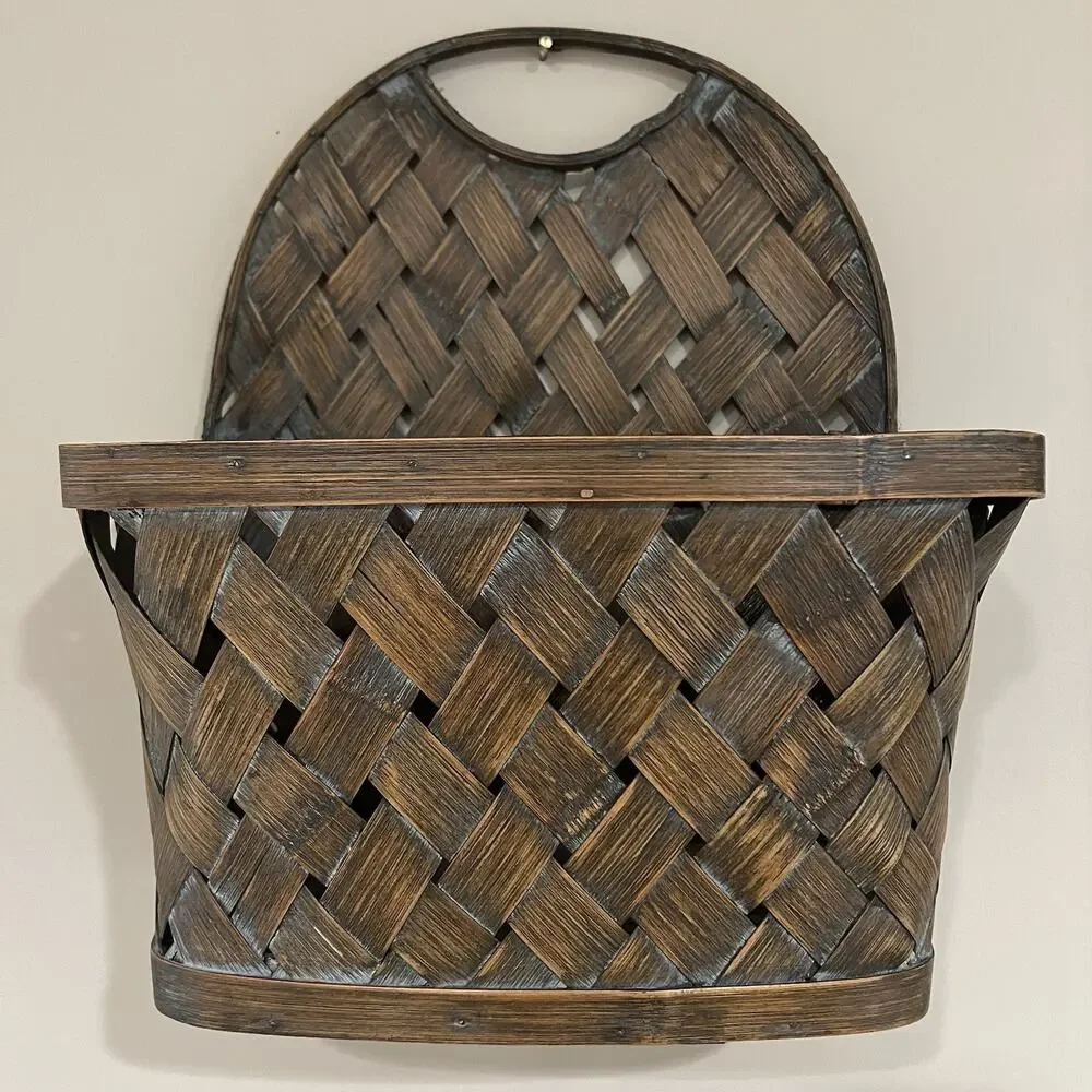 Vintage Handwoven Hanging Wall Basket Wood Splint Primitive Rustic Wall Pocket